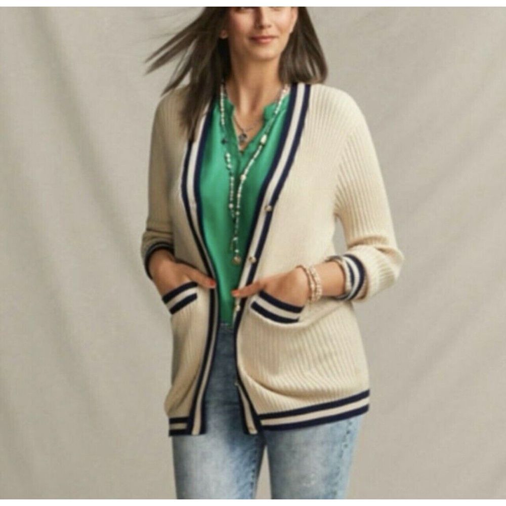 Cabi Cream Varsity Cardigan Button Front Ribbed Sweater Size Small‎